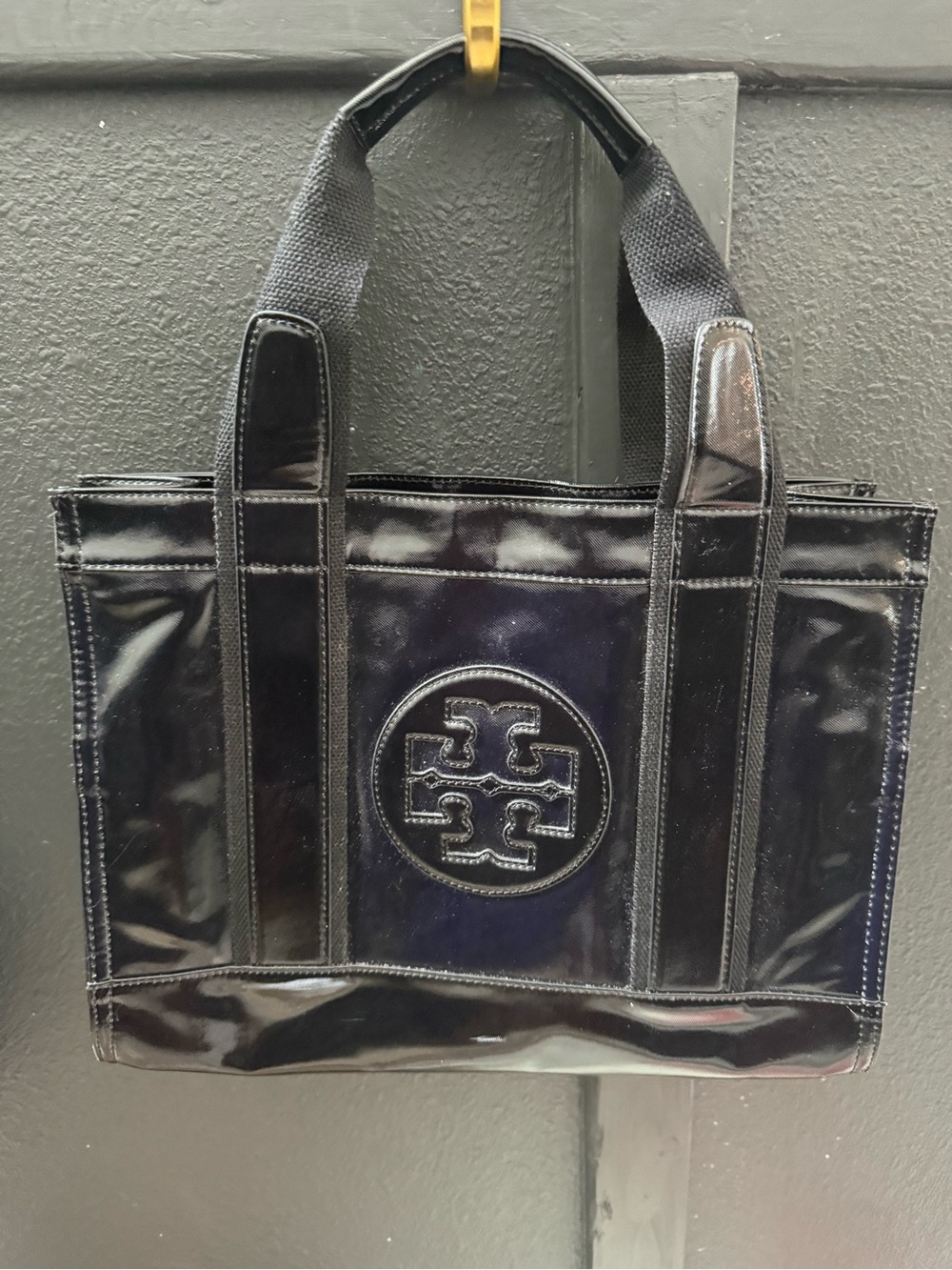 Tory Burch Black Patent Leather Logo Tote